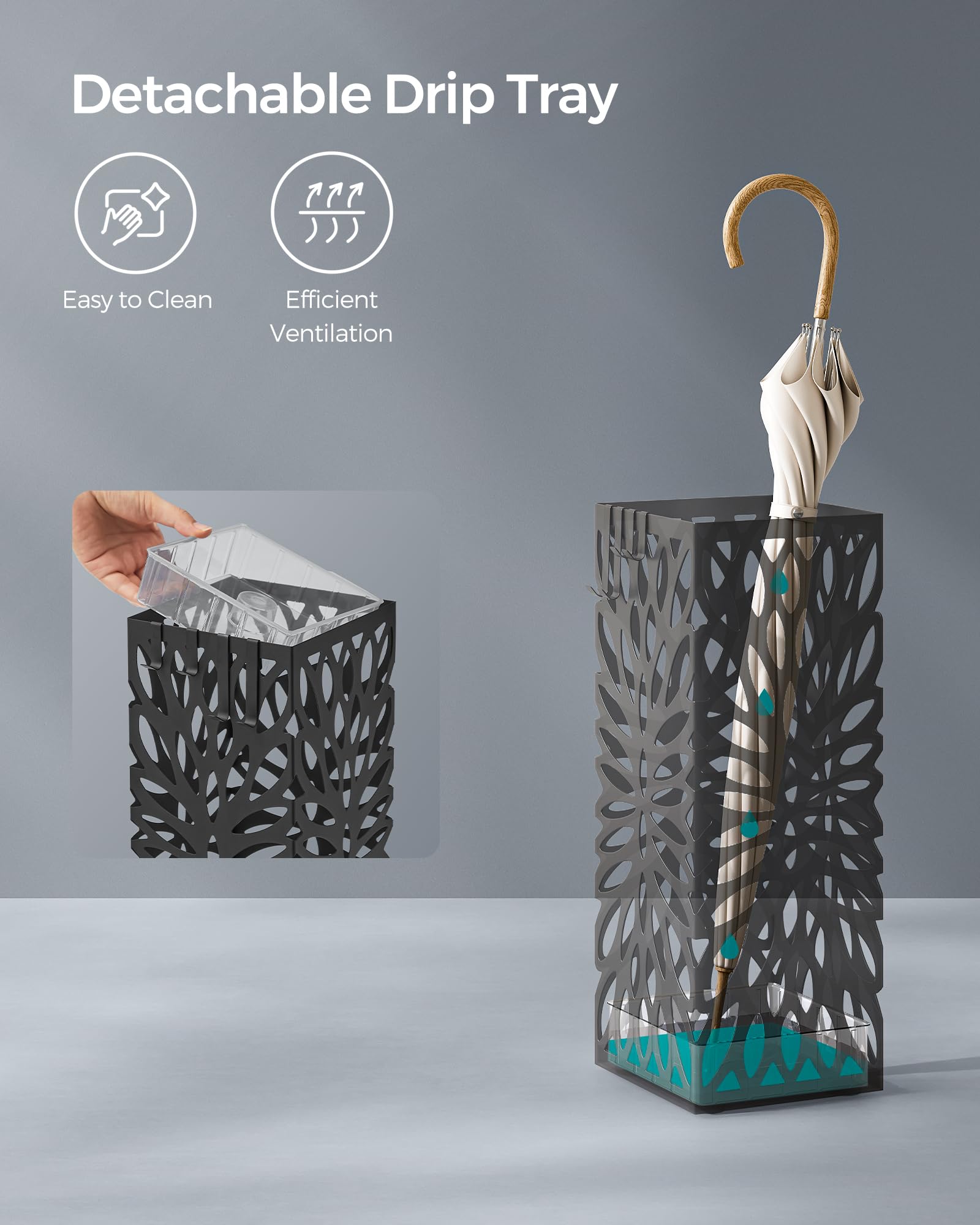 SONGMICS umbrella stand detailing four removable hooks for hanging fold-up umbrellas