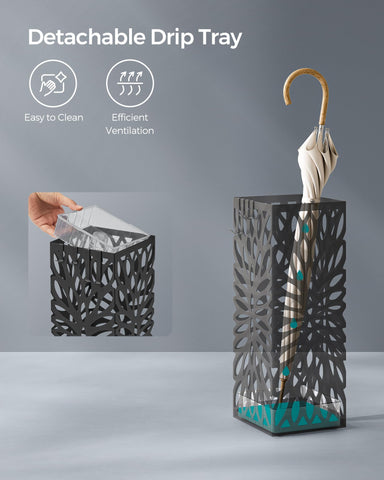 SONGMICS umbrella stand detailing four removable hooks for hanging fold-up umbrellas