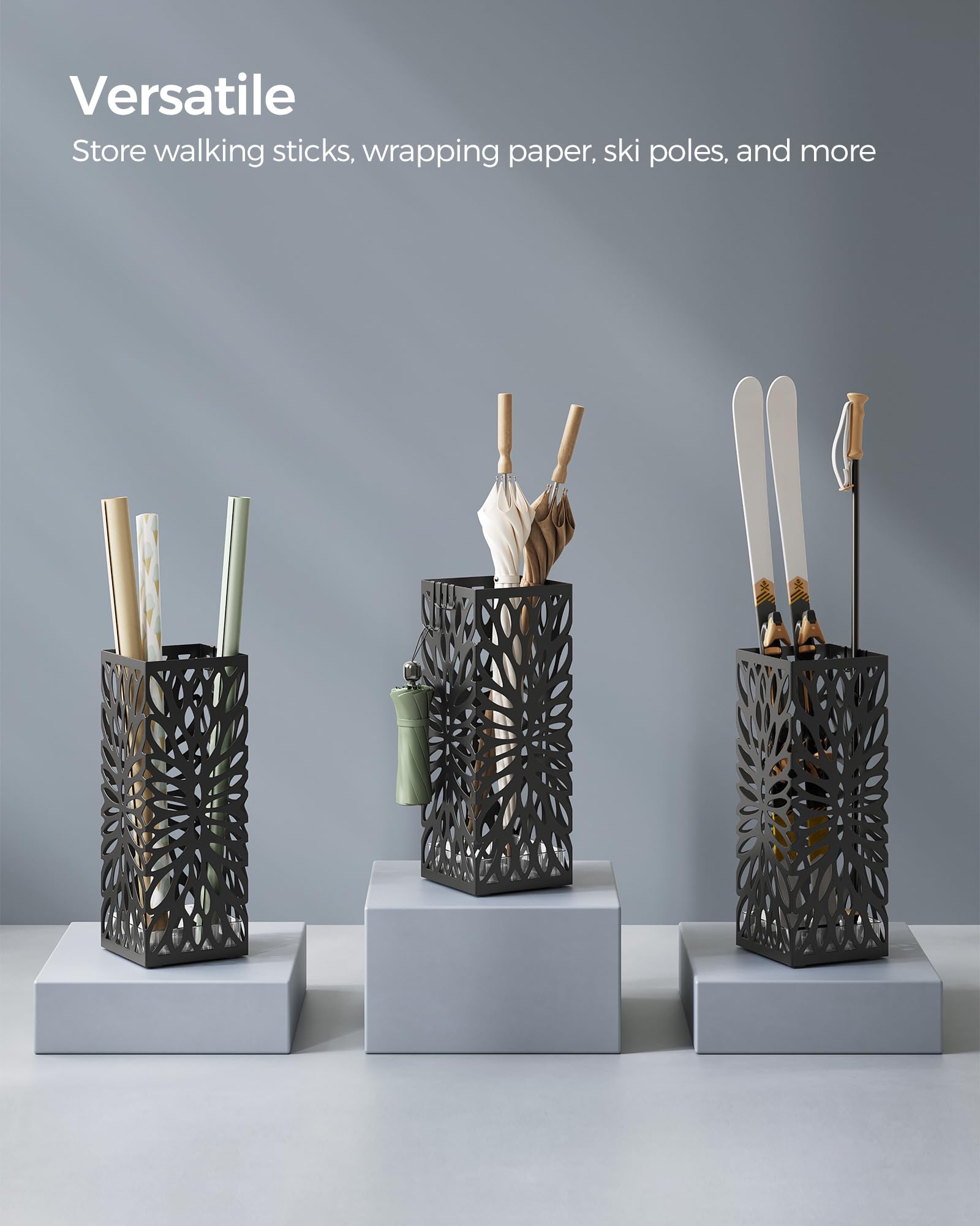 SONGMICS umbrella stand holding umbrellas, canes, and wrap tubes for versatile storage benefit