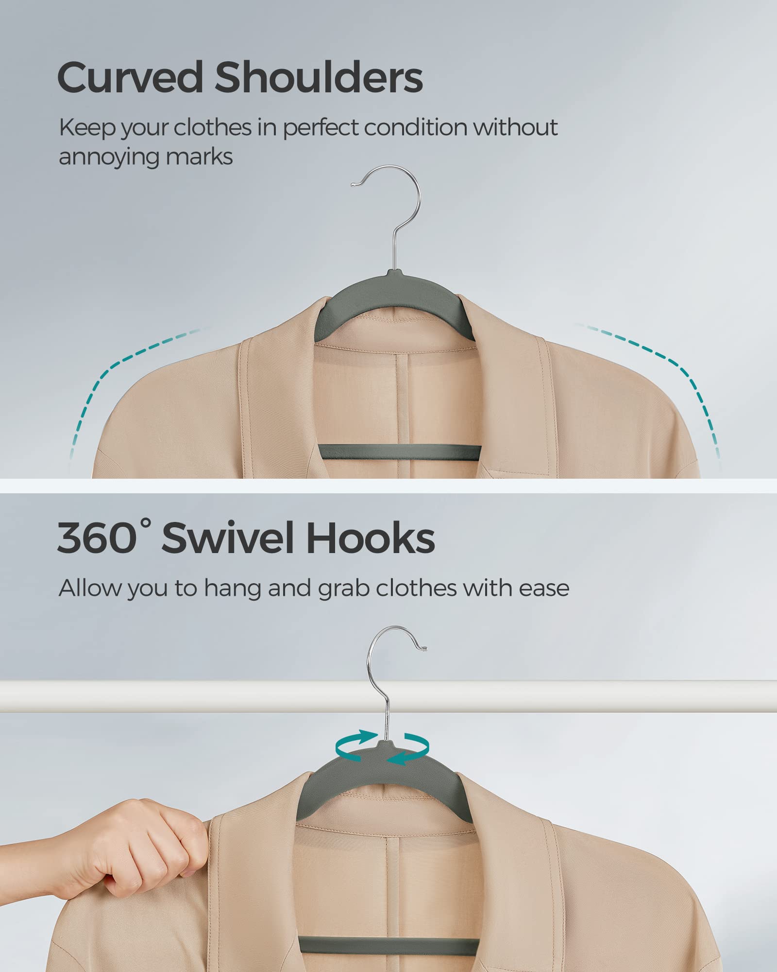 SONGMICS hanger beside wooden hanger illustrating slim profile saves closet space