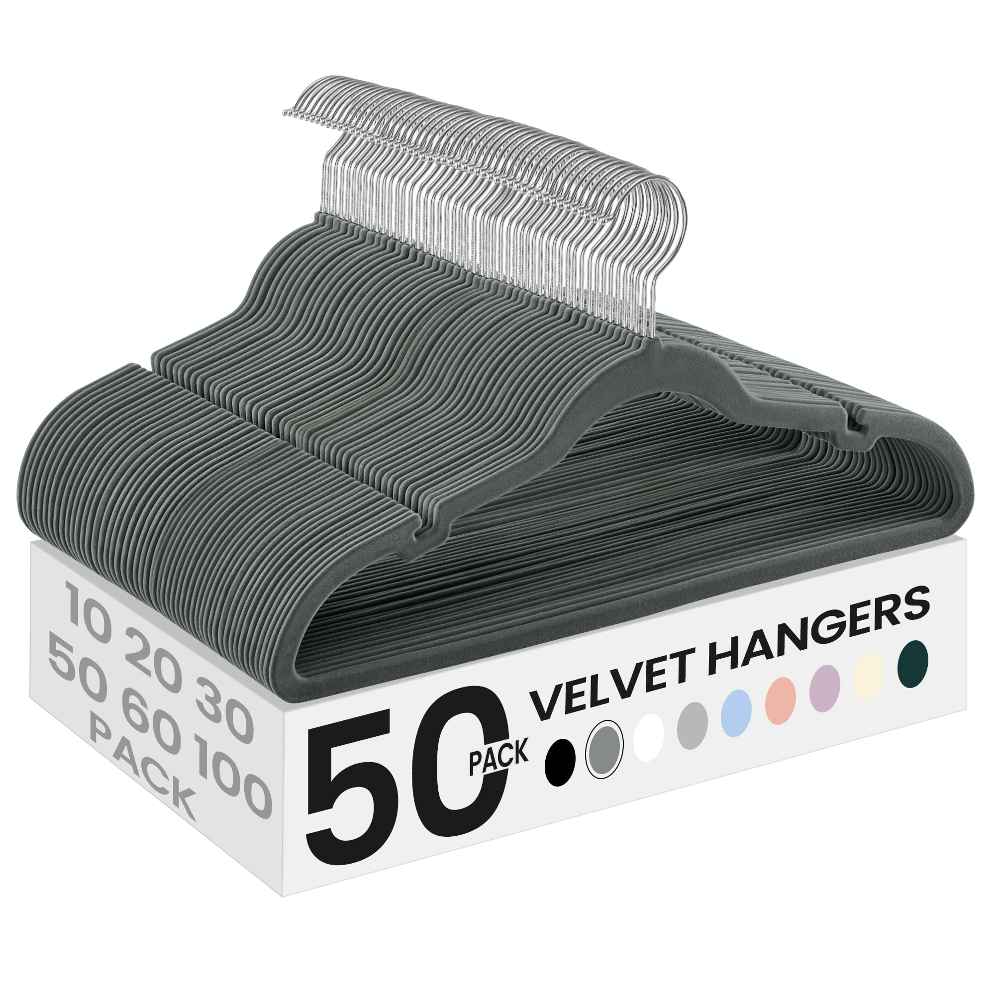 SONGMICS front packaging showing 50-pack gray velvet hangers and neat storage benefit