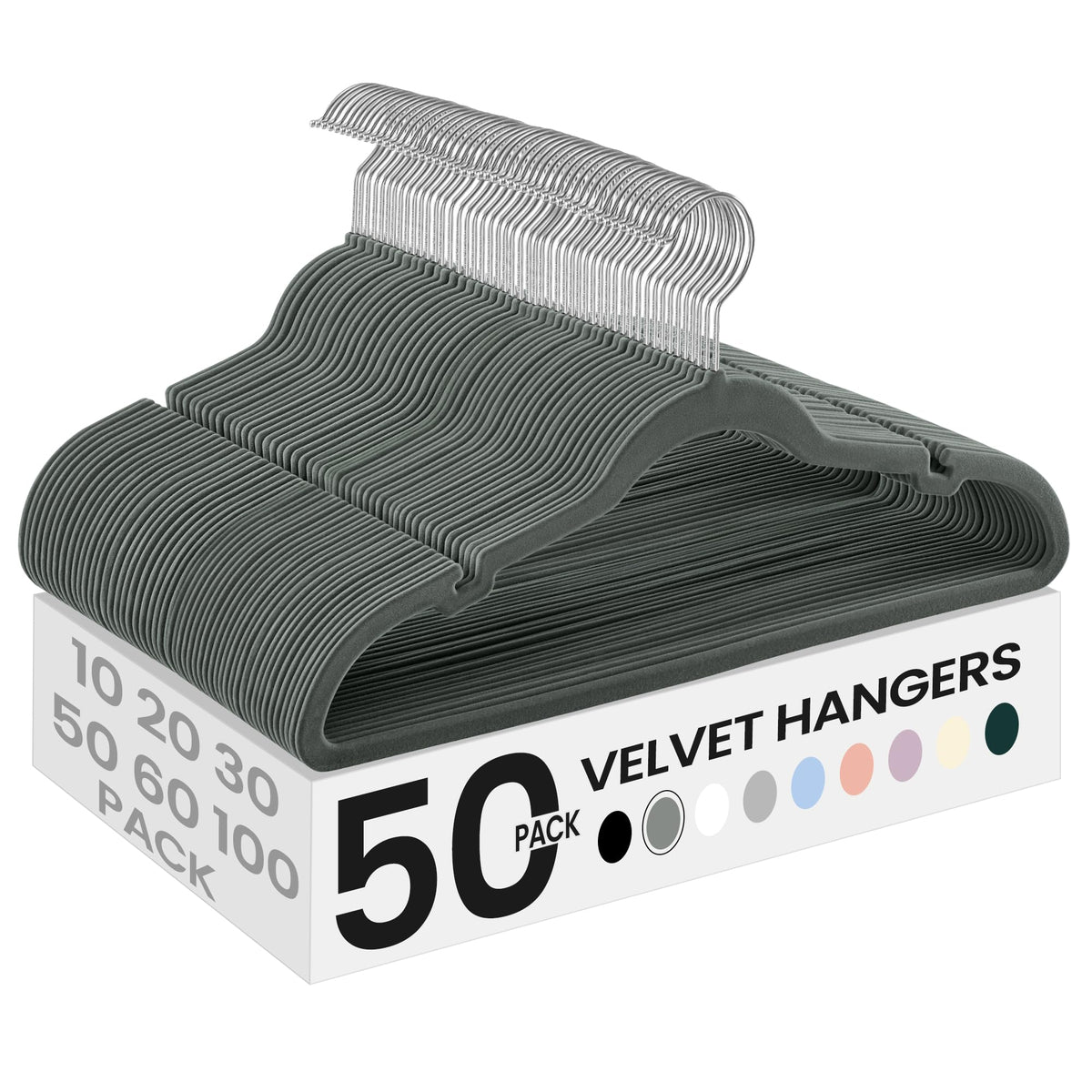 SONGMICS front packaging showing 50-pack gray velvet hangers and neat storage benefit