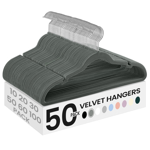 SONGMICS front packaging showing 50-pack gray velvet hangers and neat storage benefit