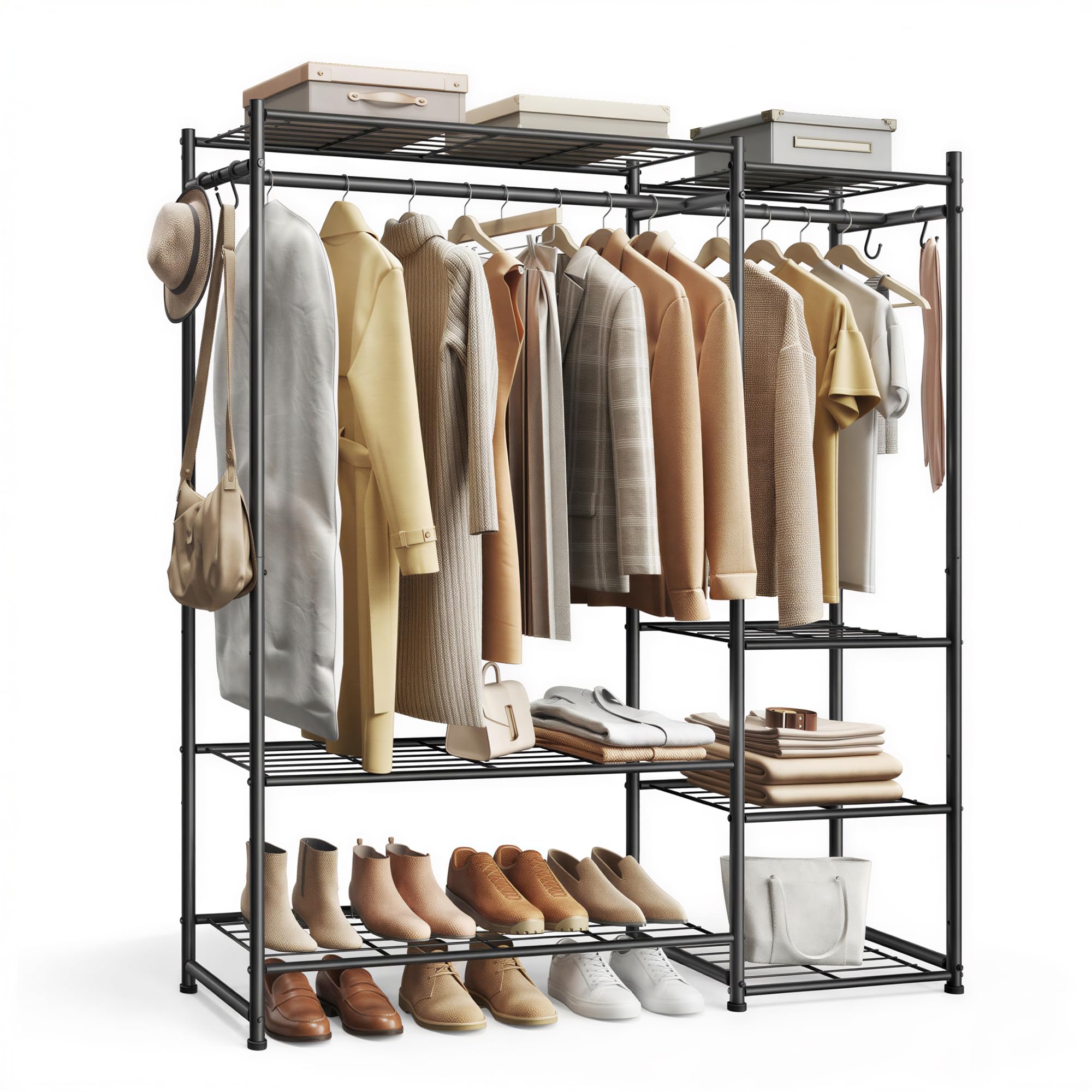 SONGMICS freestanding wardrobe front view showing organized hanging and shelves benefit visibility