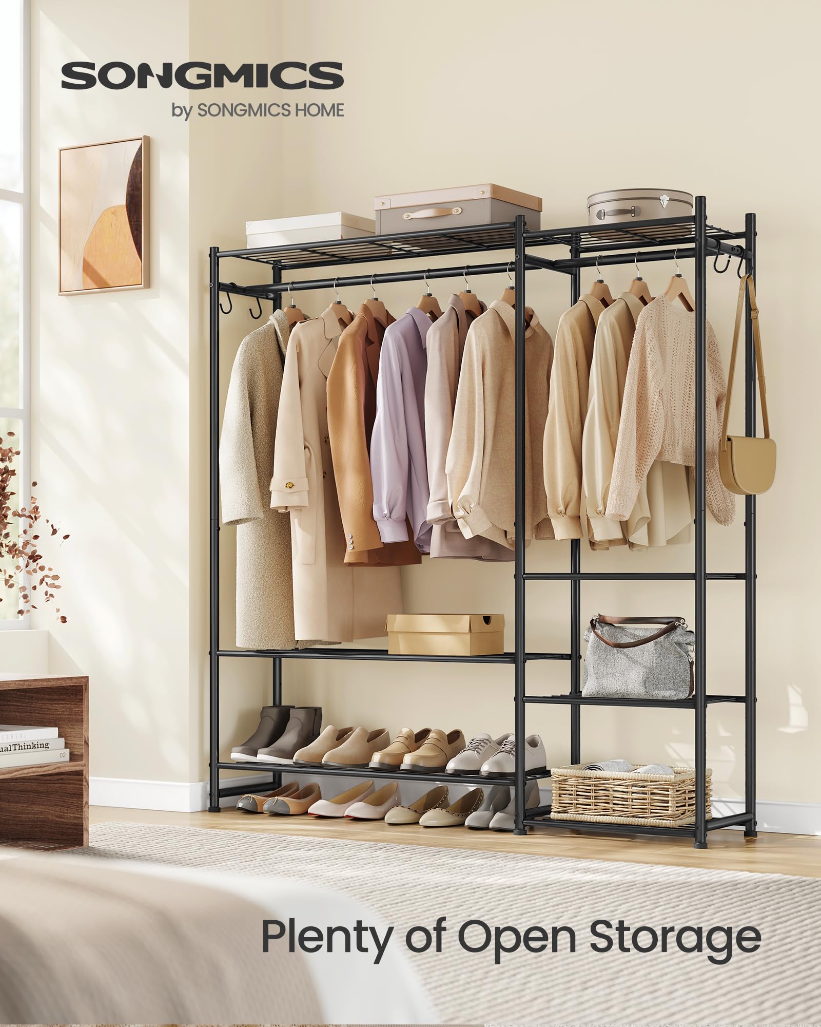 SONGMICS shelf close-up showing five-tier storage and sturdy surface for folded clothes