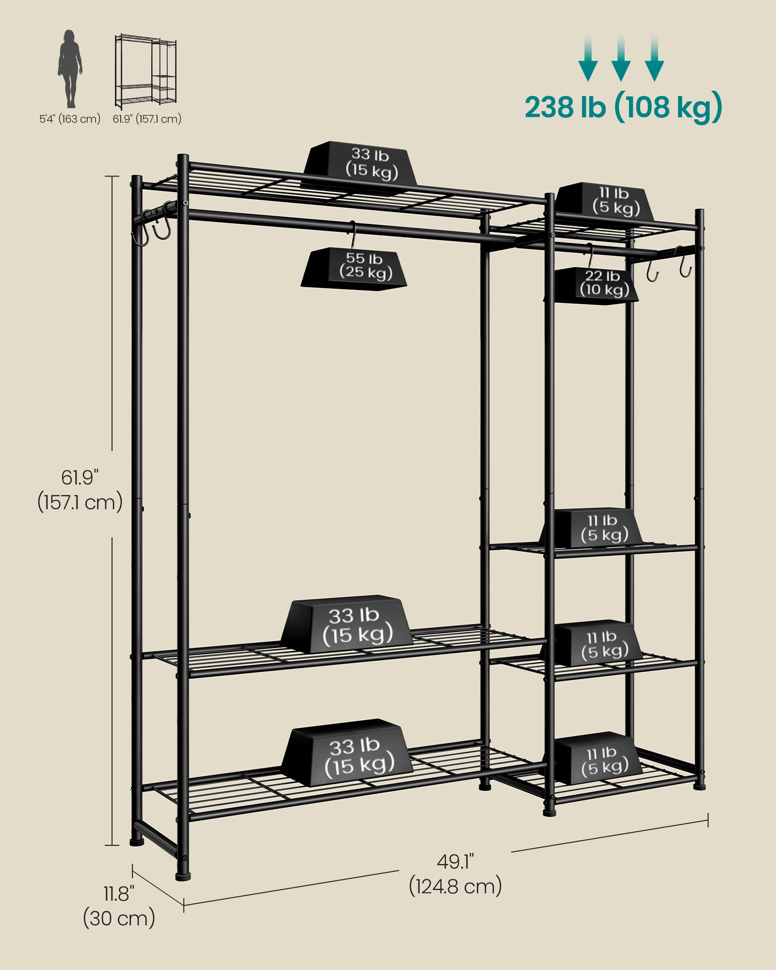 SONGMICS wardrobe with person for scale showing compact footprint and space-saving benefit