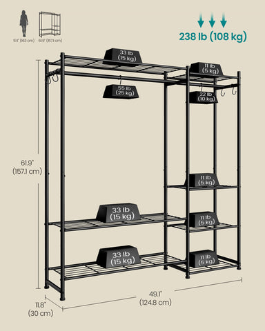 SONGMICS wardrobe with person for scale showing compact footprint and space-saving benefit