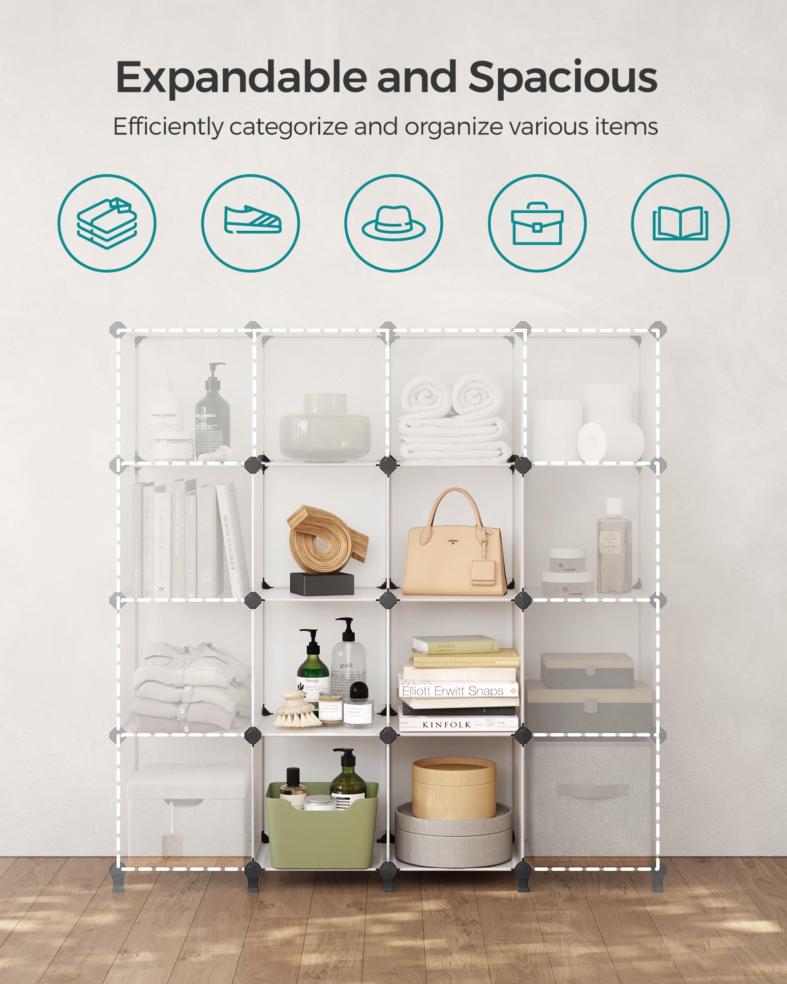 SONGMICS loaded with storage bins showing tidy compartments and organization benefit