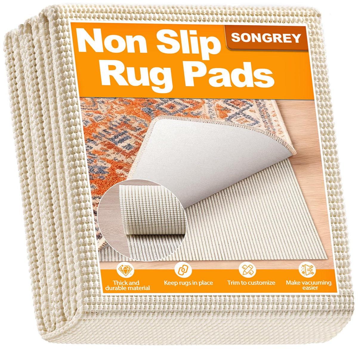 Songrey front packaging showing 6x9 rug pad with clear sizing benefit