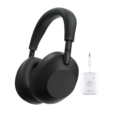 Sony front view of headphones showing sleek black design and clear branding benefit: professional look