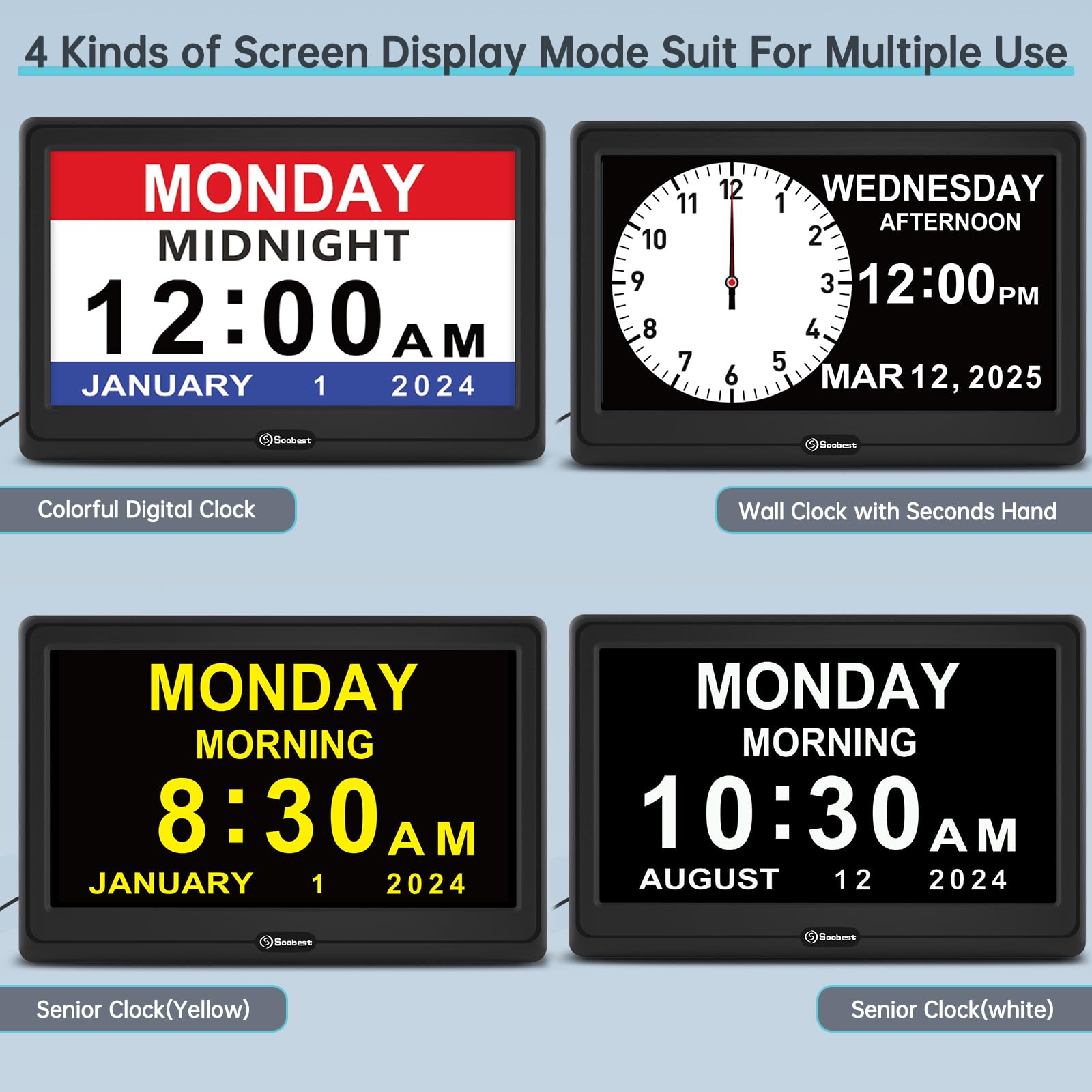 Soobest control buttons and alarm labels close-up for simple adjustments