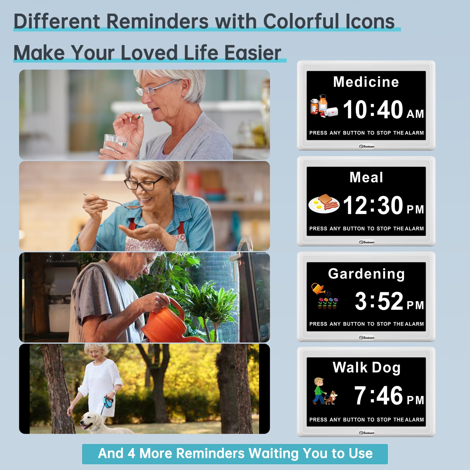 Soobest screen with colorful reminder icons helping daily routines
