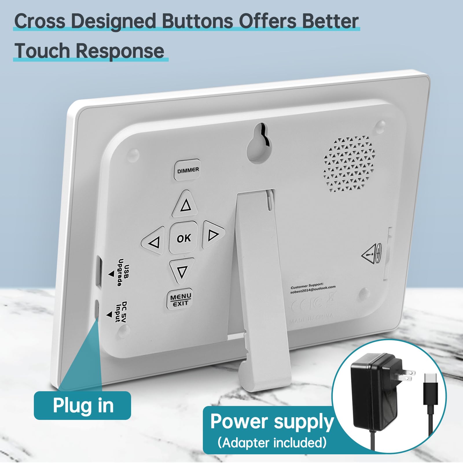Soobest side view showing Type-C power port and included adapter benefit