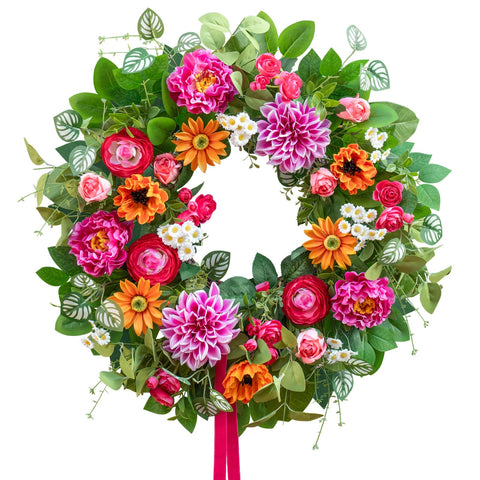 Soomeir wreath on entryway porch showing seasonal decor coordination