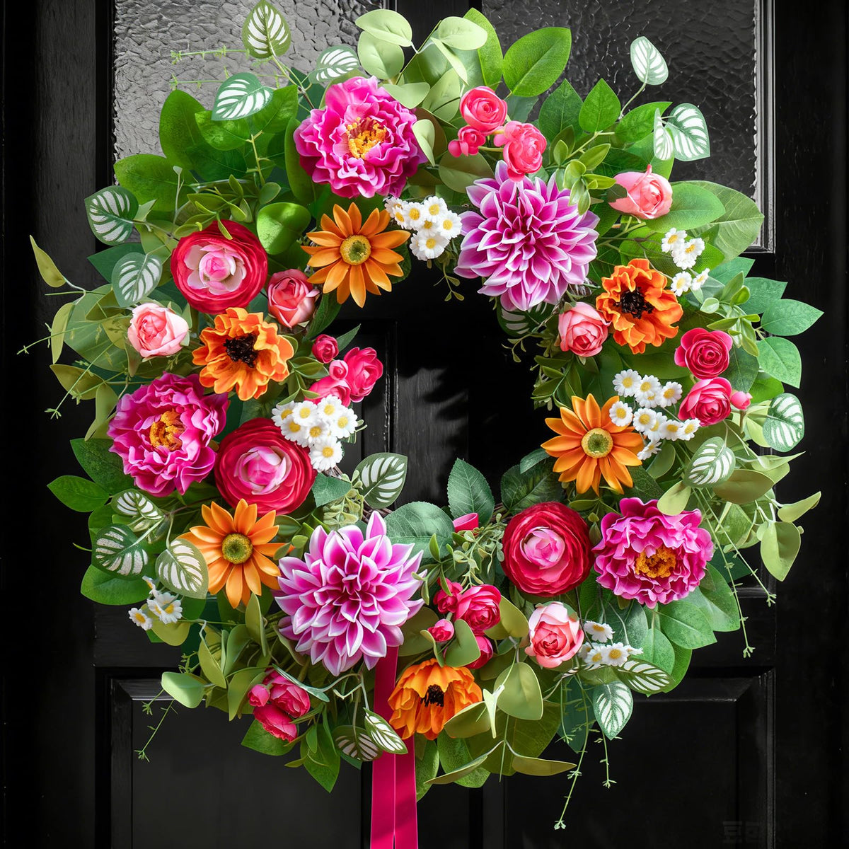 Soomeir wreath front view showing vibrant florals and instant curb appeal