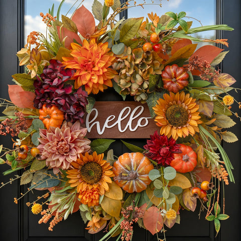 Soomeir front view wreath showing full autumn arrangement and curb appeal