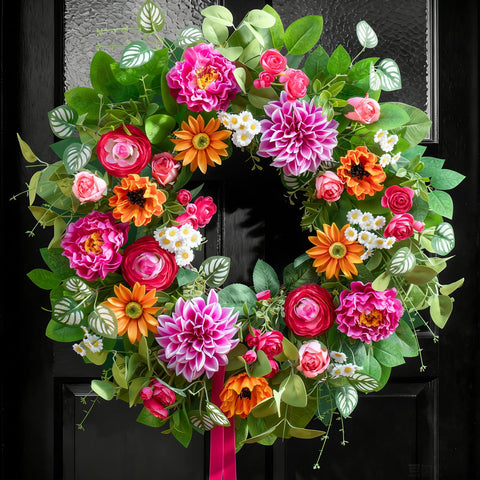 Soomeir wreath front view showing vibrant florals and instant curb appeal