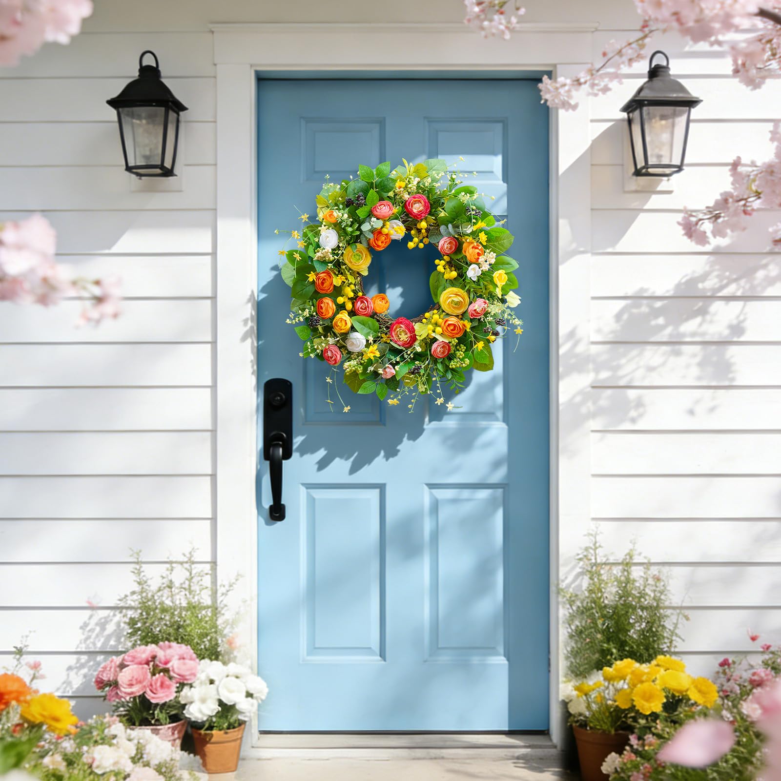 Soomeir wreath hanging on porch adding welcoming charm