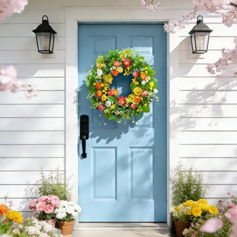 Soomeir wreath hanging on porch adding welcoming charm