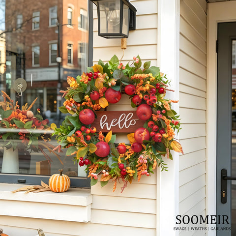Soomeir wreath displayed above a fireplace bringing autumn warmth indoors