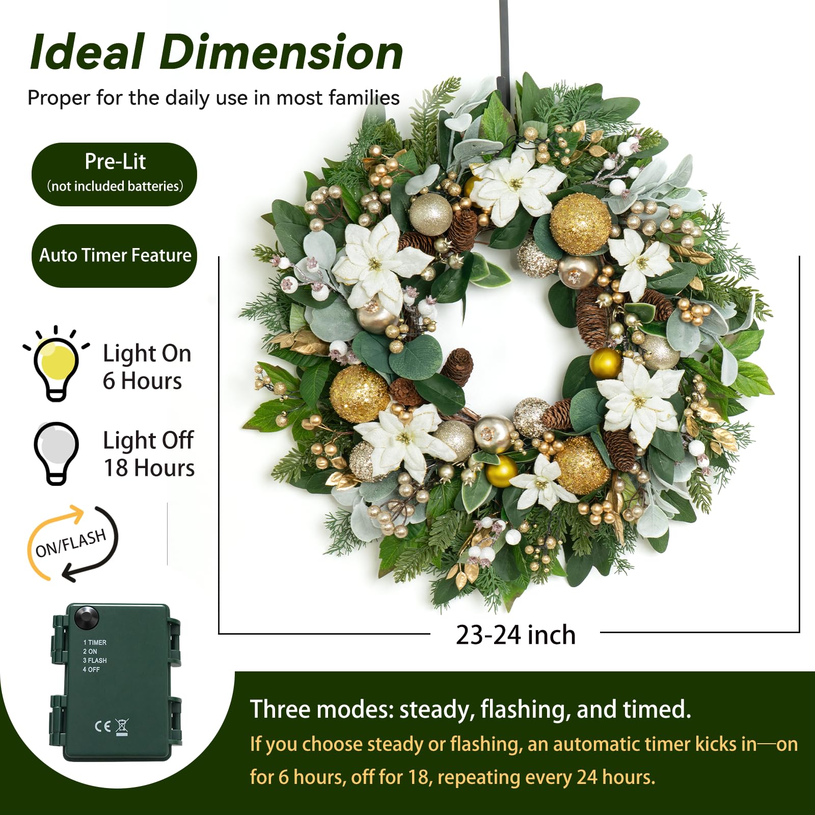 Soomeir lit wreath at night offering warm inviting porch illumination