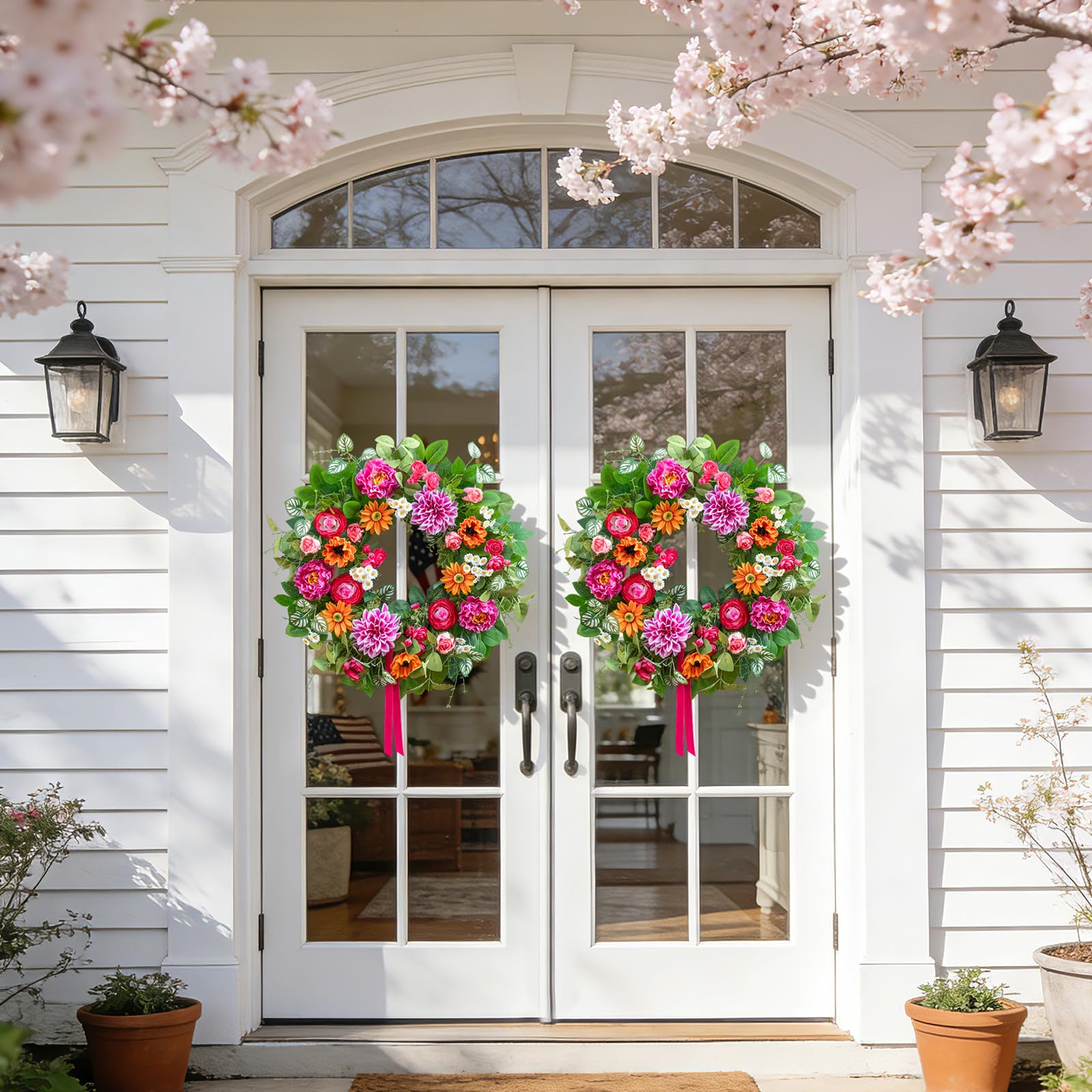 Soomeir wreath mounted on wooden door demonstrating porch styling impact
