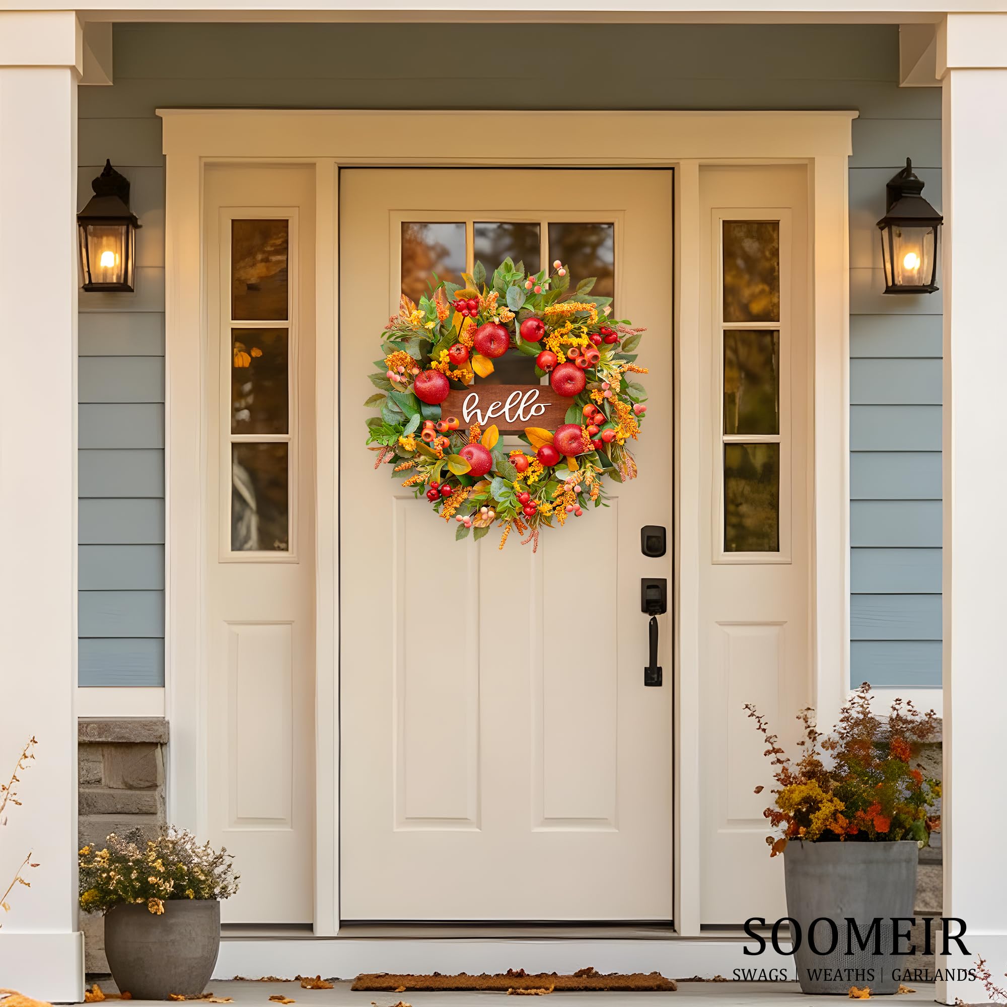 Soomeir wreath beside a standard door illustrating the 24-inch scale