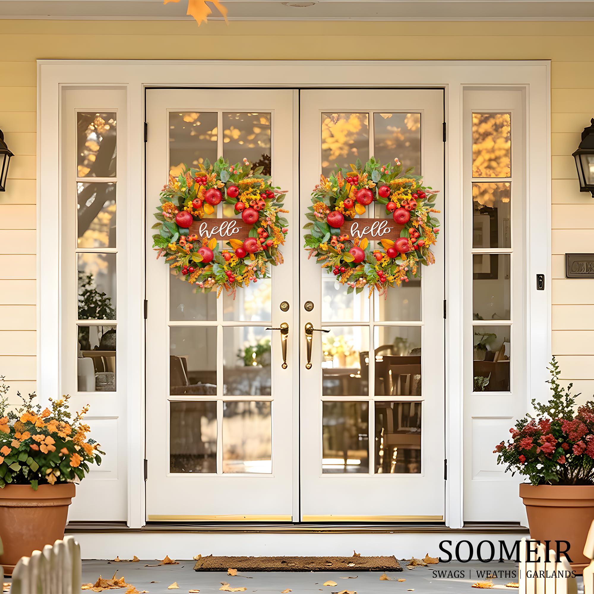 Soomeir wreath hanging on a covered porch enhancing seasonal curb appeal