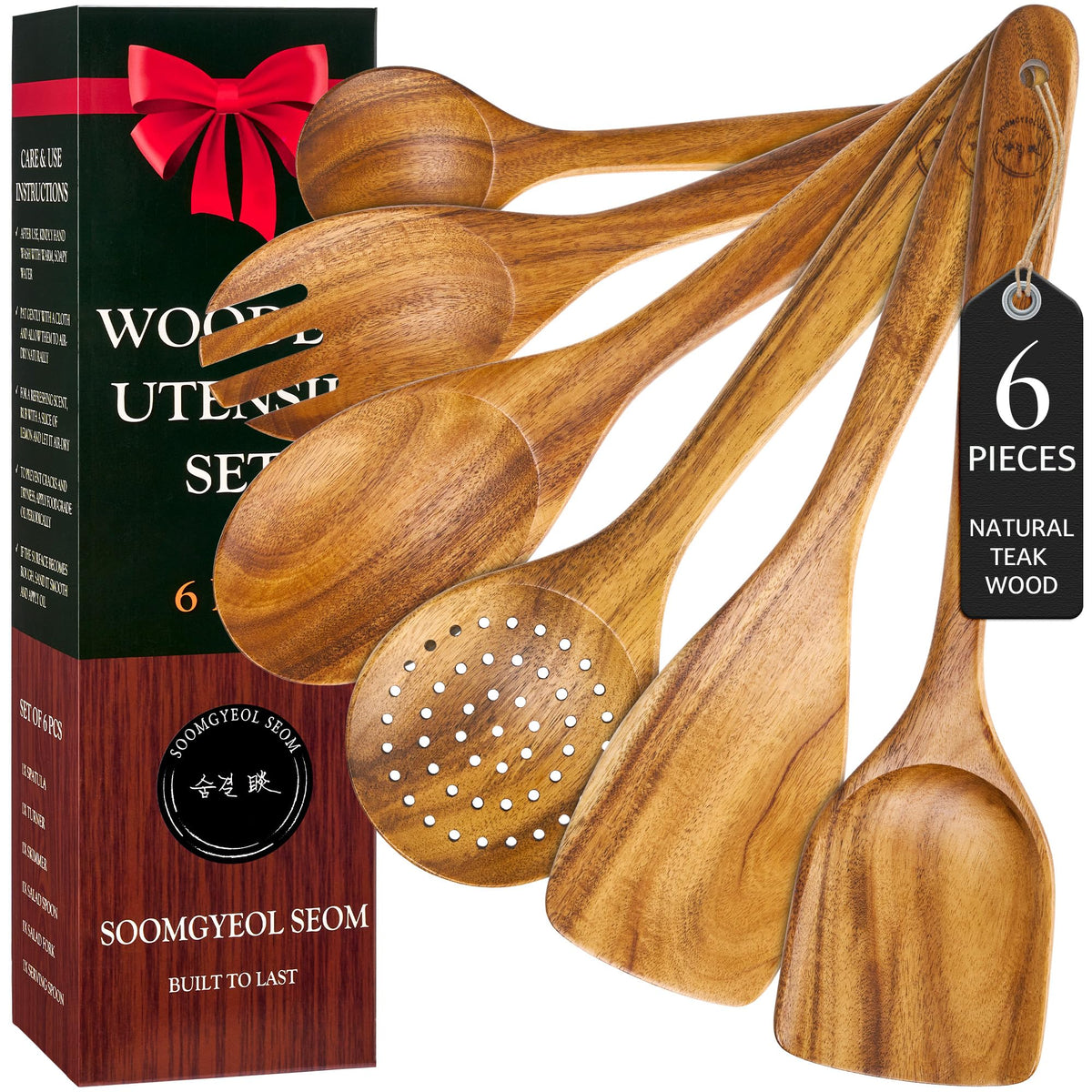 SOOMGYEOL SEOM front packaging showing six-piece teak utensil set, ready to gift
