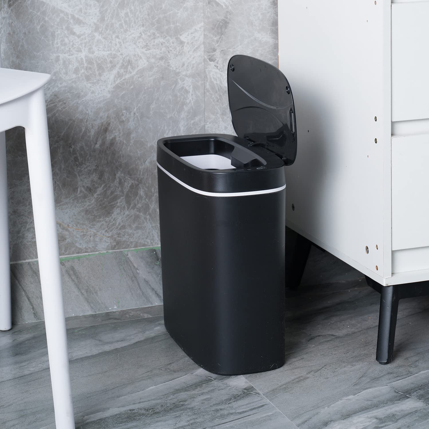 Sooyee sensor trash can in bathroom setting keeps space tidy and fresh