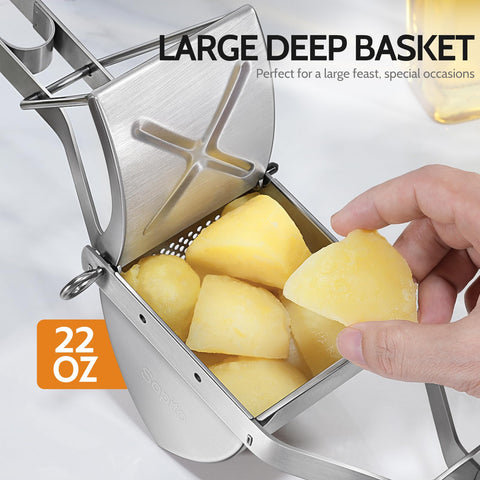 Sopito pressing whole potato into bowl for quick fluffy mashed potatoes