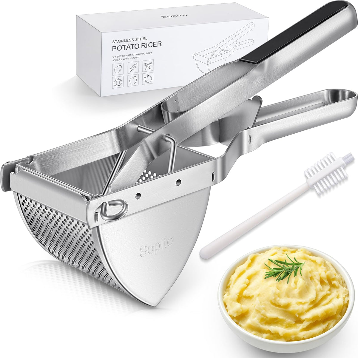 Sopito potato ricer front view showing durable stainless body and black handle benefit easy pressing