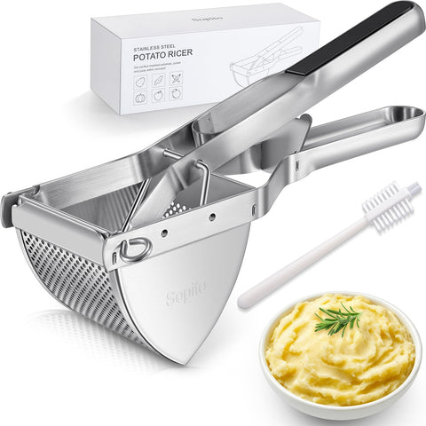 Sopito potato ricer front view showing durable stainless body and black handle benefit easy pressing