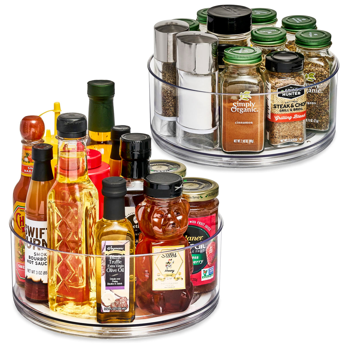 Sorbus front view of clear lazy susan two-pack showing neat storage benefit