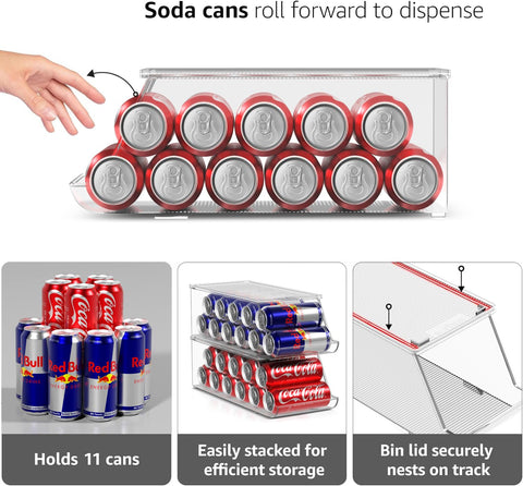 Sorbus dispenser on fridge shelf filled with energy drinks illustrating efficient storage