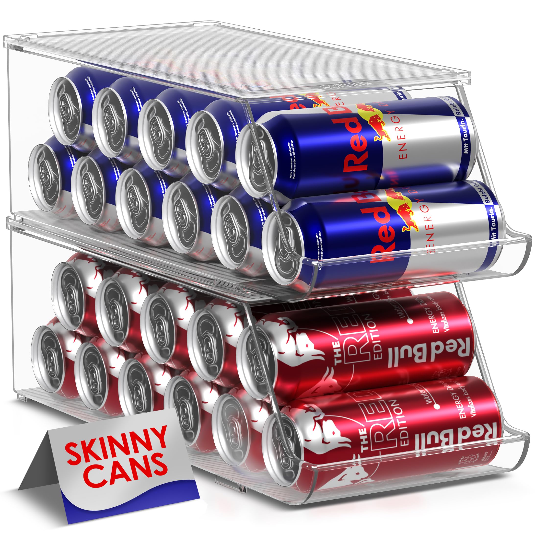Sorbus front view of 2-pack showing clear dispensers and stored cans for tidy fridge organization