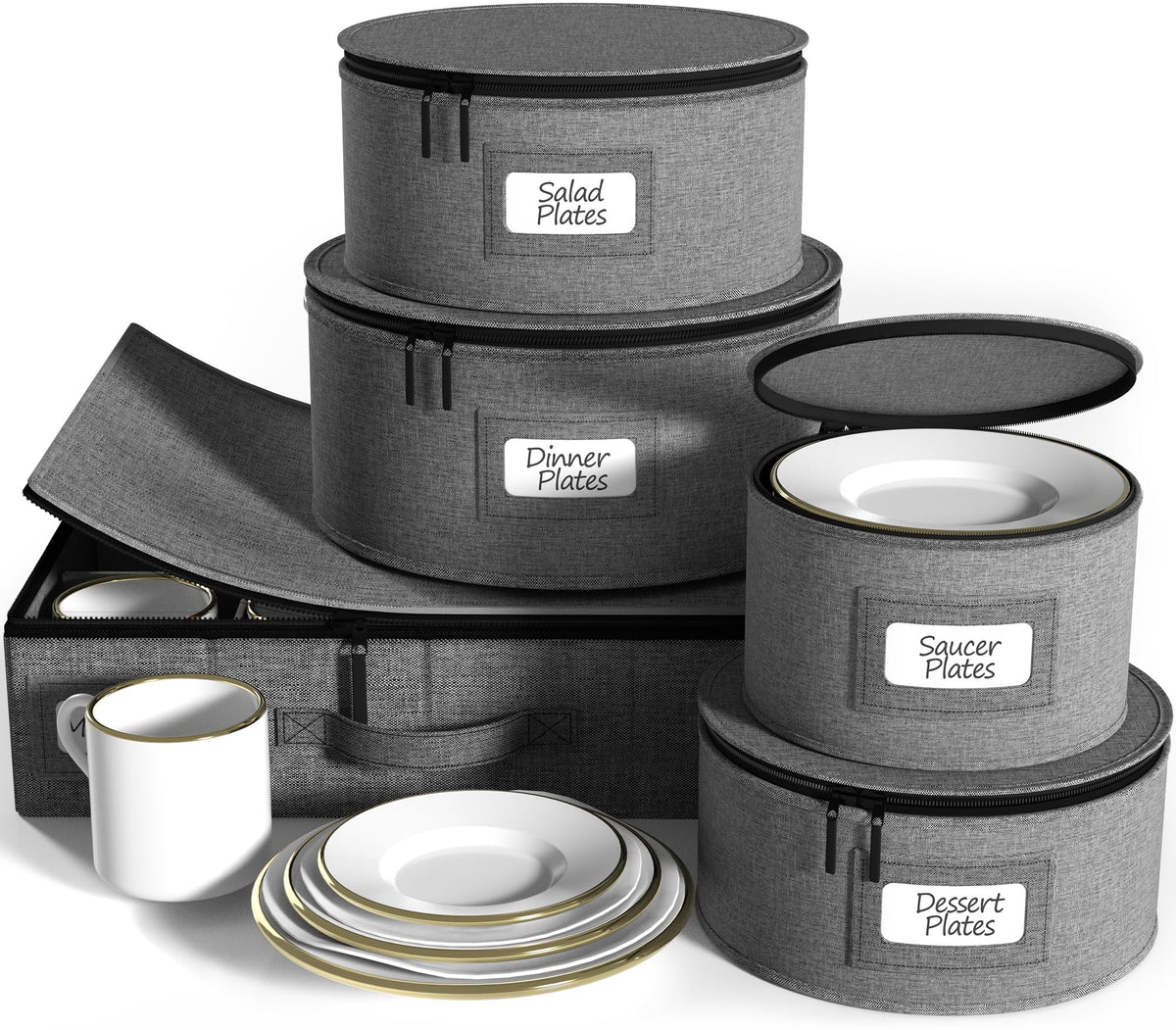 Sorbus front packaging showing gray five-piece set and neat storage benefit
