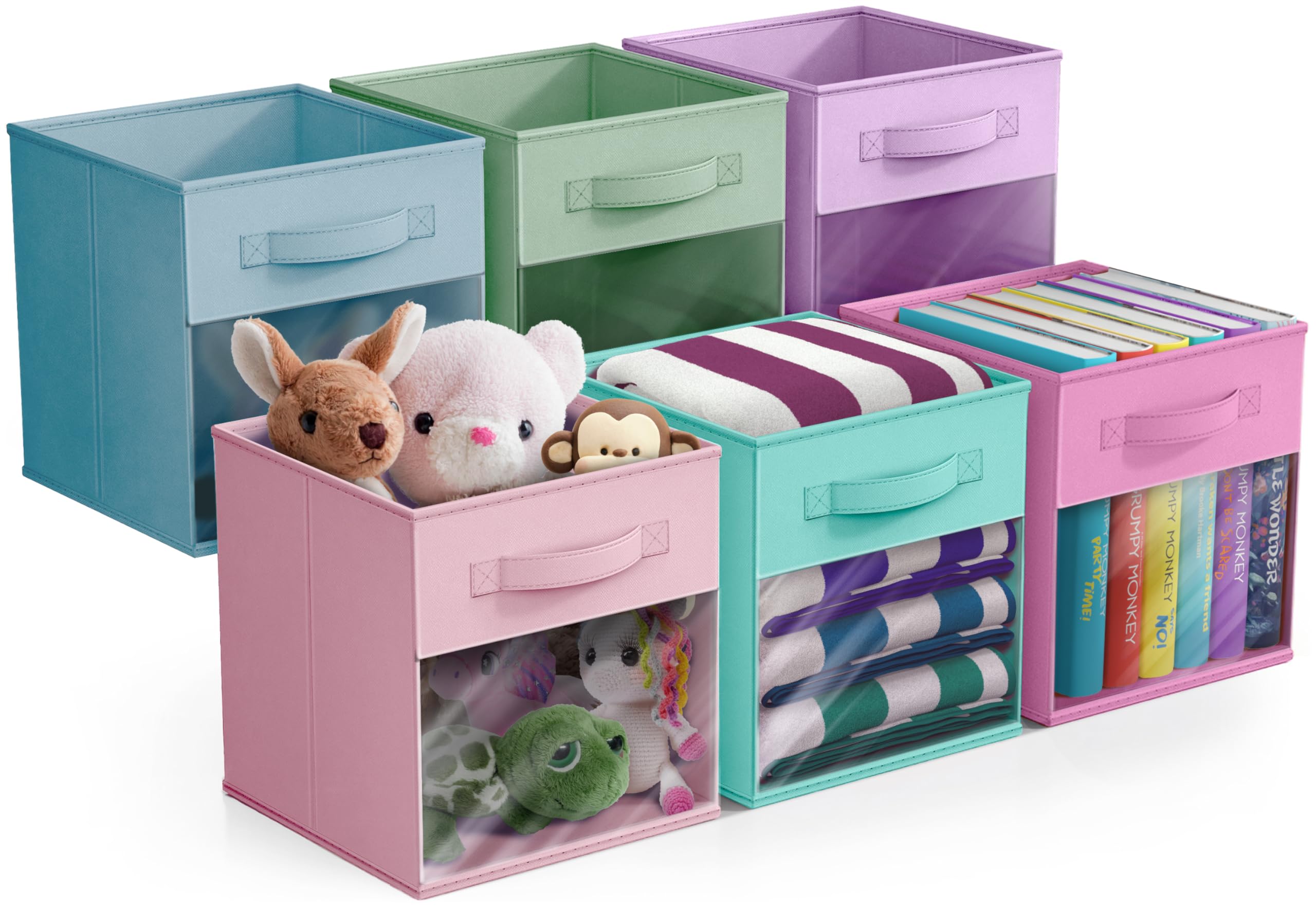 Sorbus front view of six pastel multi storage bins showing neat arrangement