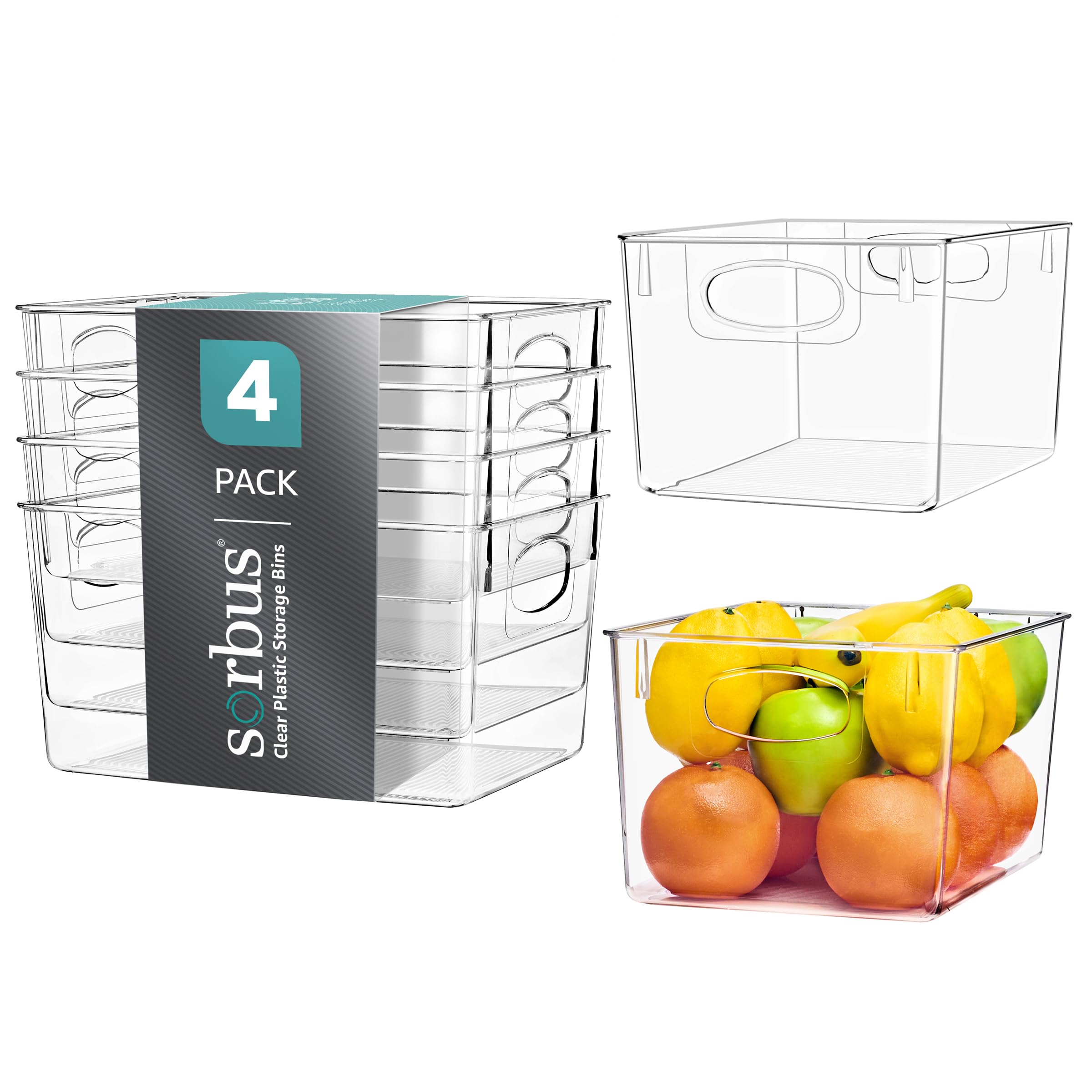 Sorbus clear bin front packaging showing set of four and visibility benefit