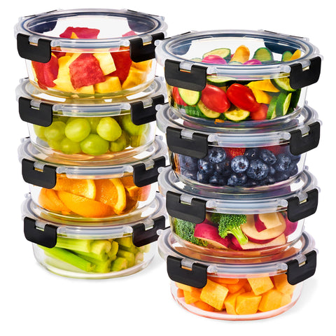 Sorbus front view of eight round glass containers with black lids showing set and organization benefits
