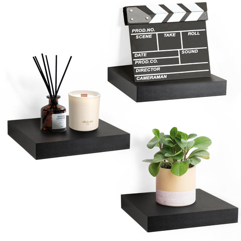 Sorbus front view of three black square shelves showcasing neat displays and saving space