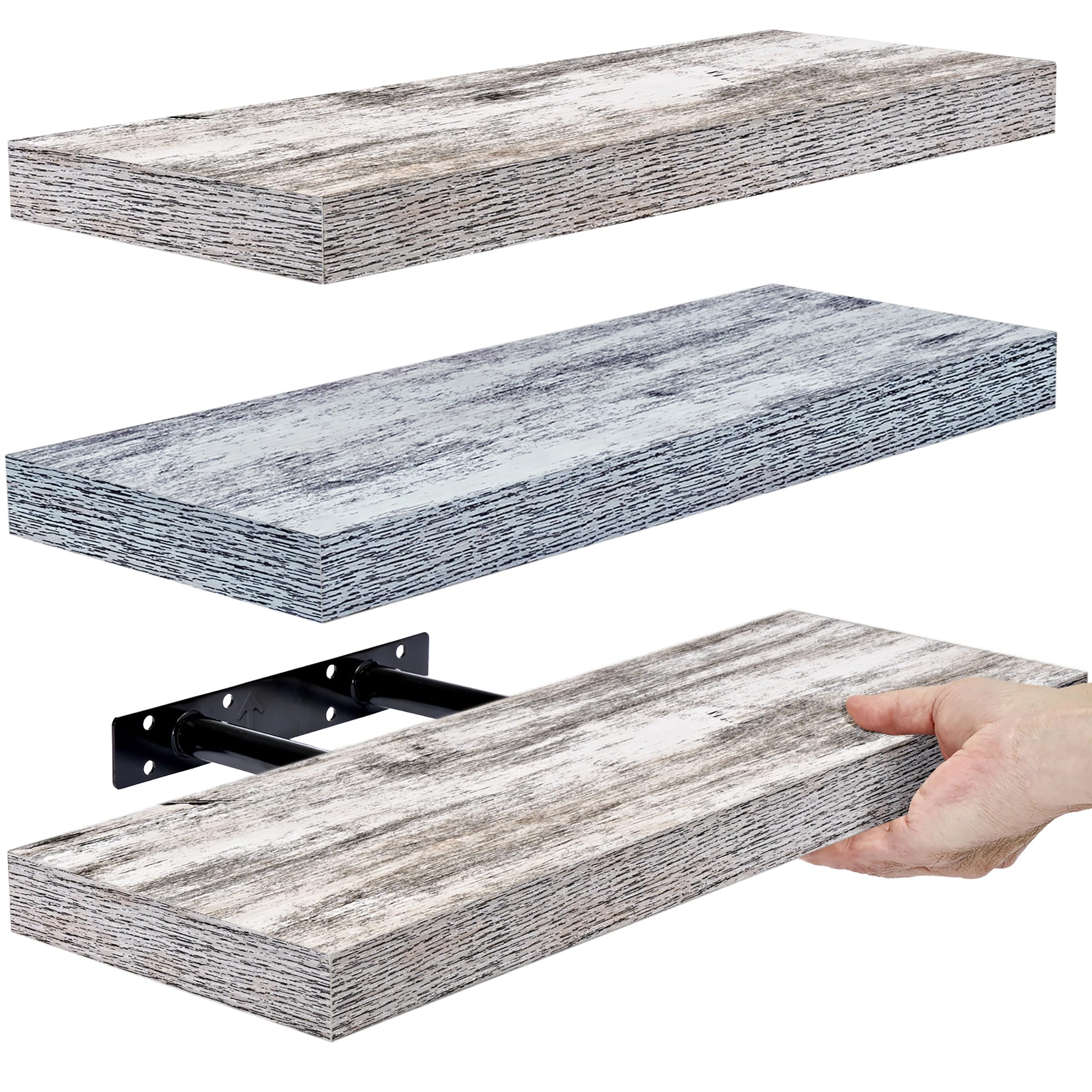 Sorbus front view of three rustic blue floating shelves showing coastal style and tidy storage