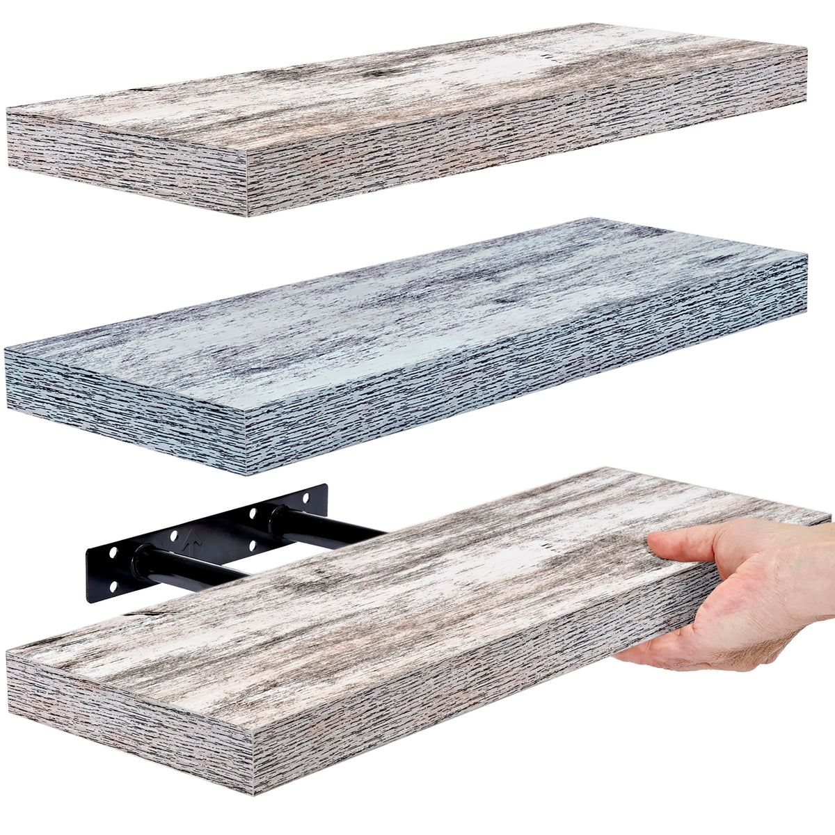 Sorbus front view of three rustic blue floating shelves showing coastal style and tidy storage