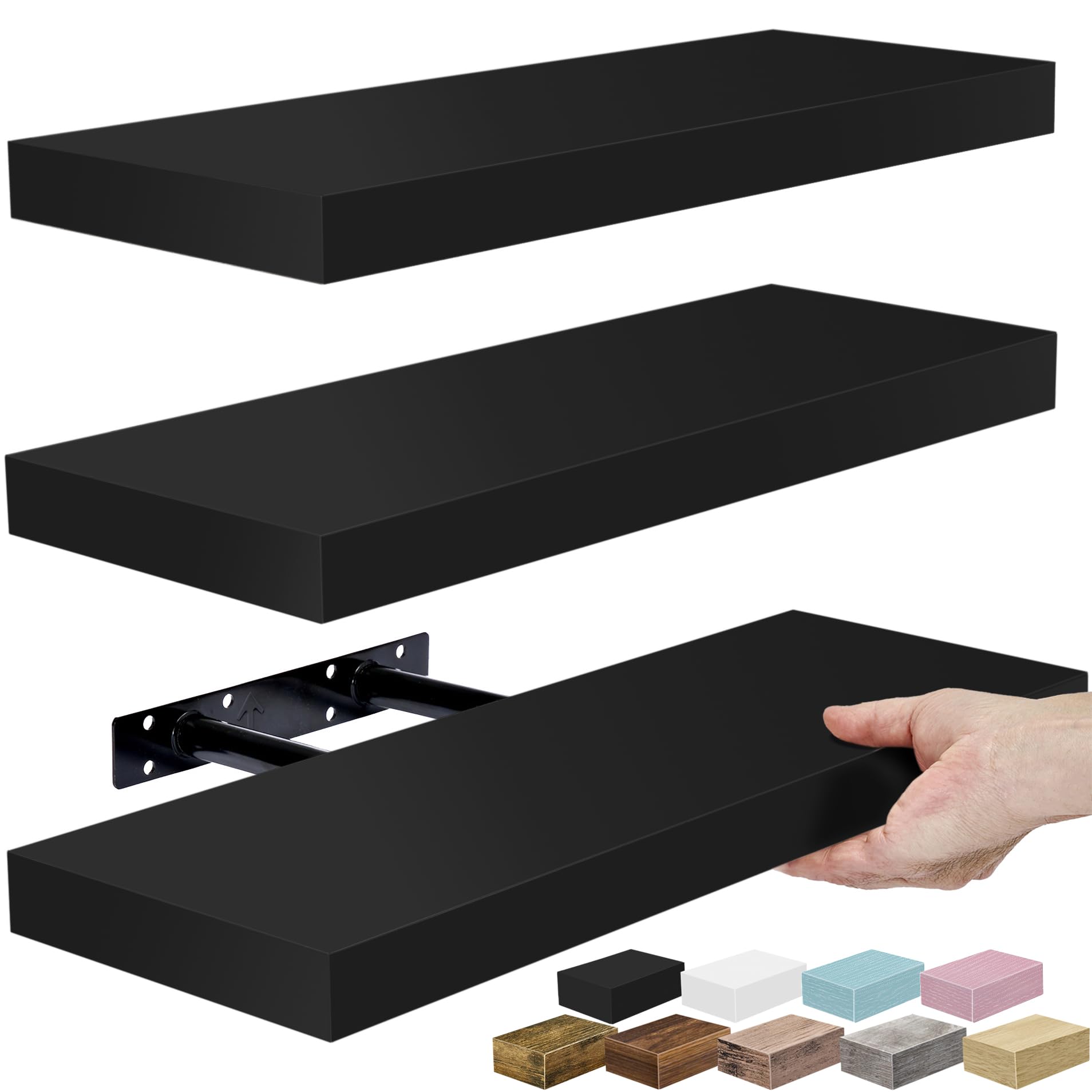 Sorbus black floating shelves front view showing neat trio and sleek appearance