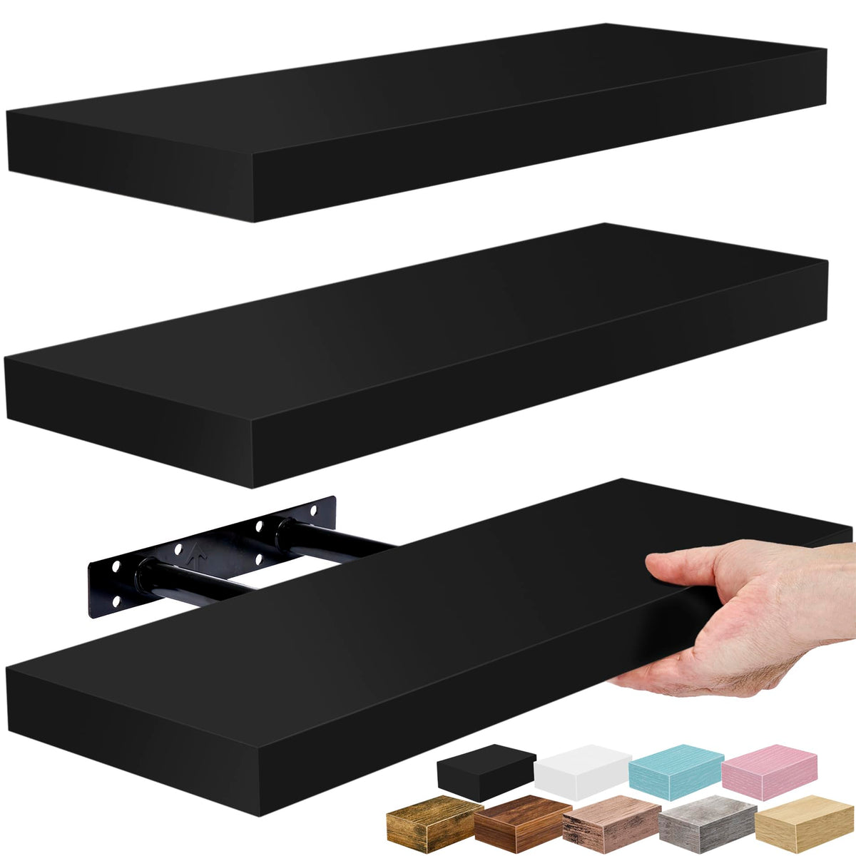 Sorbus black floating shelves front view showing neat trio and sleek appearance