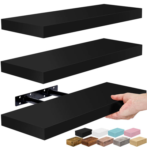 Sorbus black floating shelves front view showing neat trio and sleek appearance