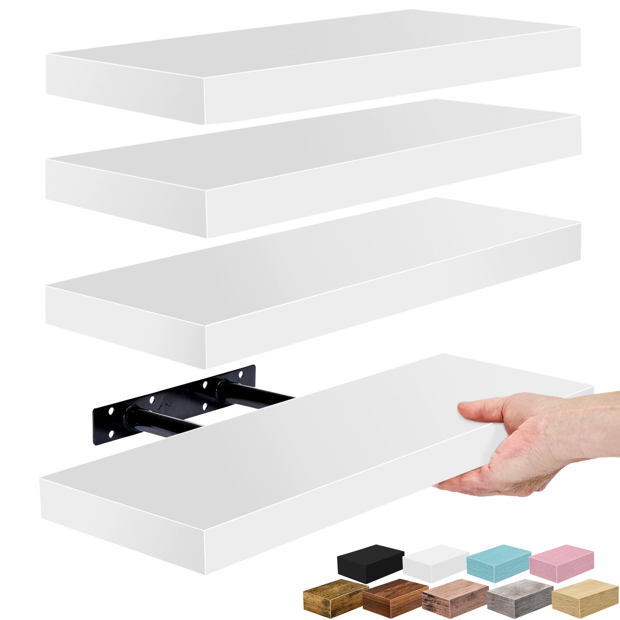 Sorbus front view of four white floating shelves showing neat packaging and value
