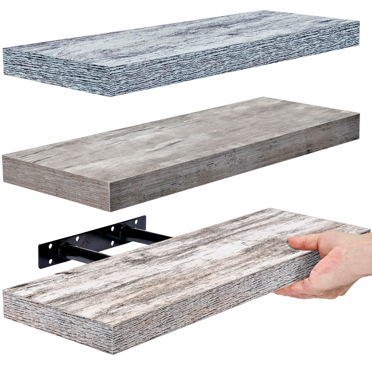 Sorbus front view of three grey-blue rustic floating shelves showing neat storage