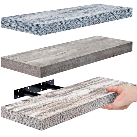 Sorbus front view of three grey-blue rustic floating shelves showing neat storage