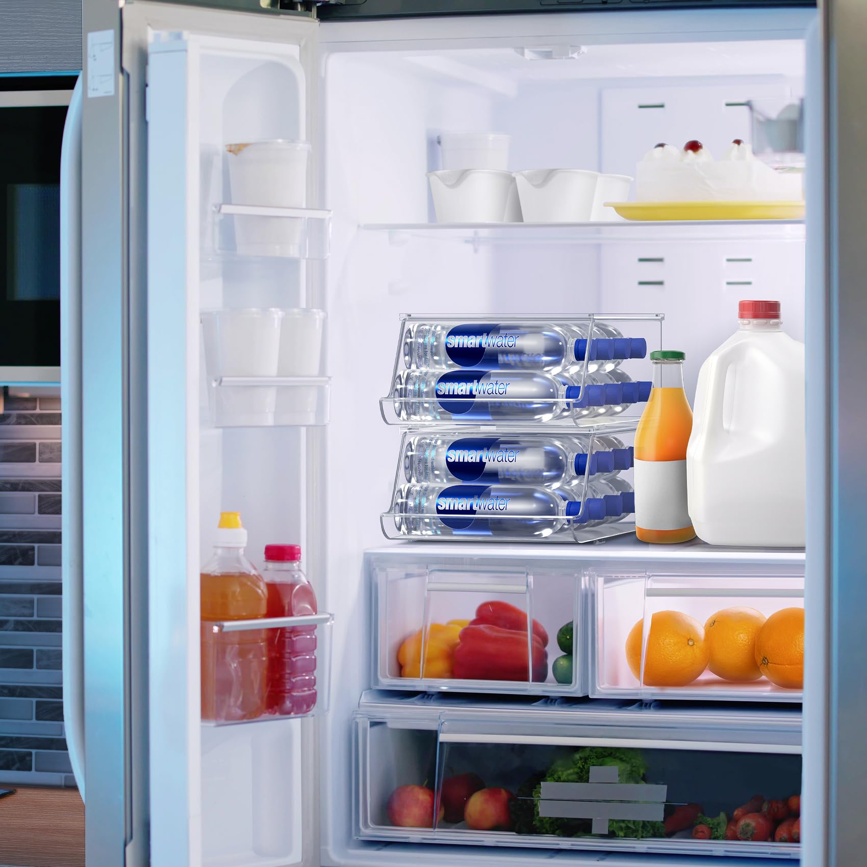 Sorbus organizer inside fridge holding bottles for quick-access convenience benefit